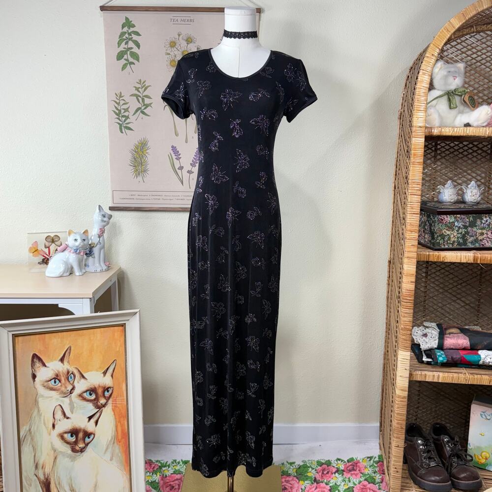 90s Y2k Glitter Floral Butterfly Slinky Stretch Maxi Dress Whimsigoth Fairy S